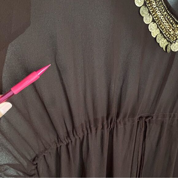 Vintage Women’s 2X Sheer Brown Caftan‎ Cover-Up Tunic Top Gold Embellished Trim - Picture 11 of 14